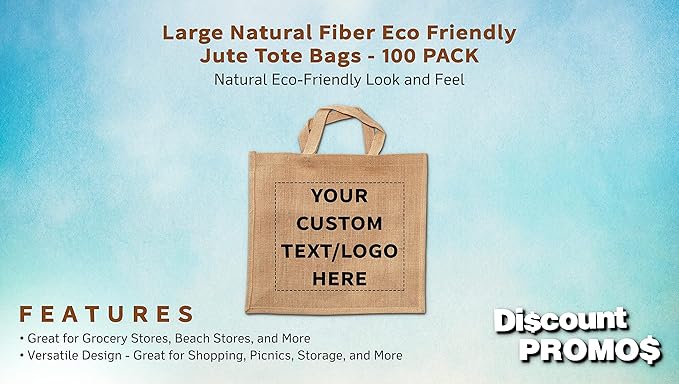 DISCOUNT PROMOS 100 Large Jute Tote Bags Set - Customizable Text, Logo - Sturdy, Recyclable, Reusable, Simple - Natural