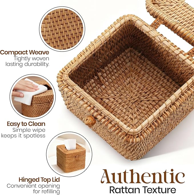 Natural Rattan Tissue Box Cover – 5.5x5.5x5.9 Inch - Stylish Handwoven Tissue Holder with Lid - Ideal for Bathroom Vanity, Bedroom, or Living Room Home Accent