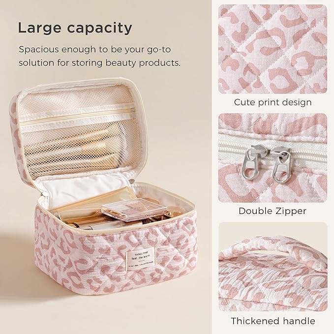 HBselect Christmas Gifts Large Quilted Makeup Bag, Cute Cotton Travel Makeup Bag with Handle, Portable Coquette Floral Make up Bags, Toiletry Organizer Make up Bags for Women Teen Girls Mom