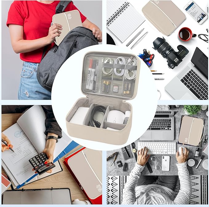 Miavers Electronics Organizer,Travel Cord Organizer Pouch, Portable Cable Organizer Bags, Waterproof Electronic Accessories Storage Case for Cables, Cords, Charger, Phone (Double Layer-Beige)