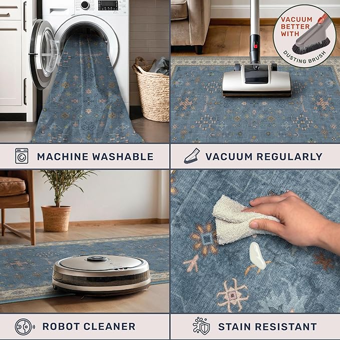 Washable Blue Rugs for Entryway Indoor - 3x5 Throw Rug for Large Kitchen, Bedroom Bedside, Laundry Room, Mudroom, Boho Eclectic Modern Décor, Non Slip Low Pile Fade Resistant