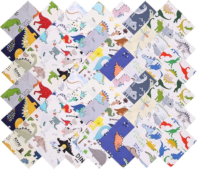 Hanjunzhao 84Pcs Dinosaur Cotton Fabric Squares 5x5, Charm Packs for Quilting 5 inch, Precuts 5x5 Quilt Squares for Quilting, Sewing, Baby Boy Blanket, Home Decor, and Crafts, Cartoon Dinosaurs
