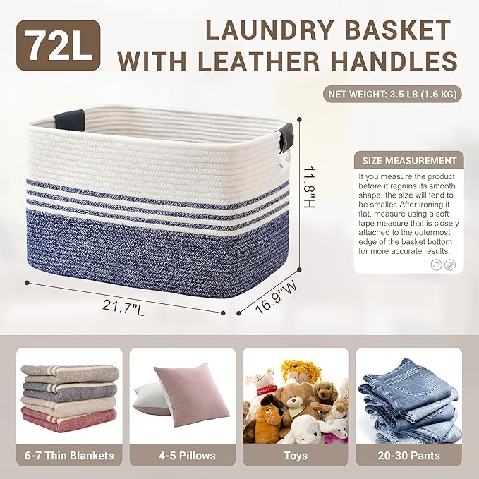 SunNewt 72L Large Laundry Basket with Leather Handles for Living Room Storage, Woven Rope Baskets Bin for Blanket, Kids Toy, Gifts, Wicker Hamper for Bedroom Dirty Clothes, 22"x17"x12" Denim Blue