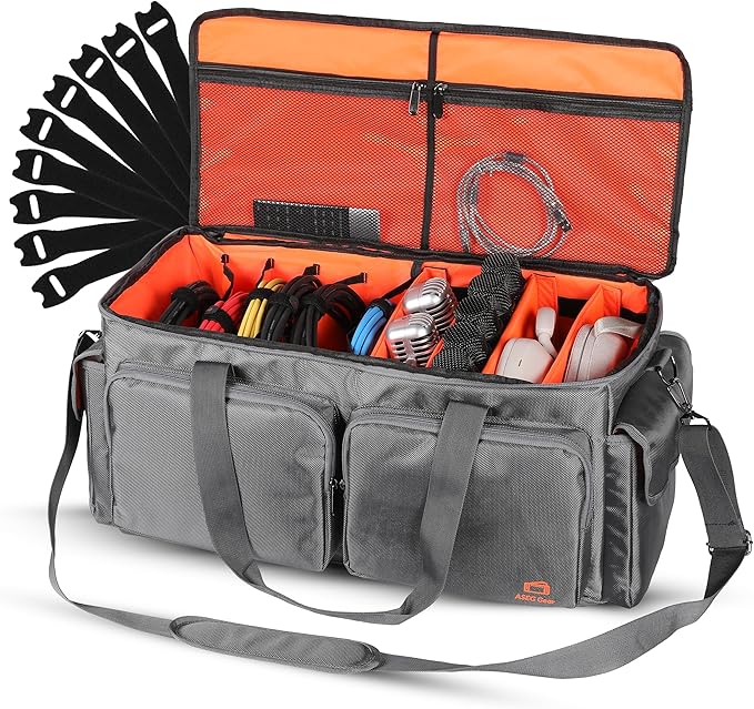 ASEG Gear Heavy Duty - DJ Cable Bag Organizer with Detachable Dividers – Travel Gig Bag – Case for Equipment - Music Equipment & Accessories - Heavy Duty Exterior & Padded Nylon Interior