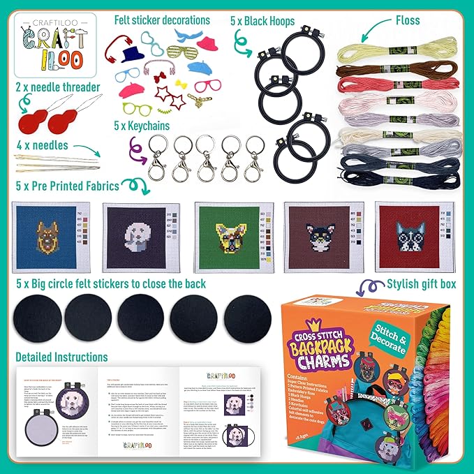 CRAFTILOO Dogs Cross Stitch Kits for Beginners. 5 Stamped Cross Stitch Kits for Kids.Needlepoint Kits for Beginners. Embroidery Kit for Kids. Crossstitch Kit for Beginners. (Dogs)