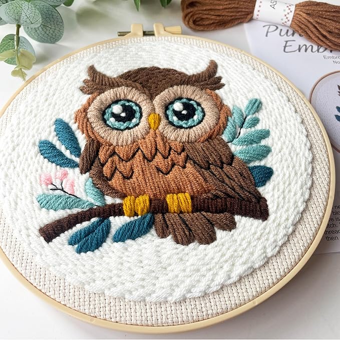 Myfelicity Punch Needle Embroidery Kit, Beginner Craft Set with Animal Pattern Design, 7.9 Inch Hoop (owl)