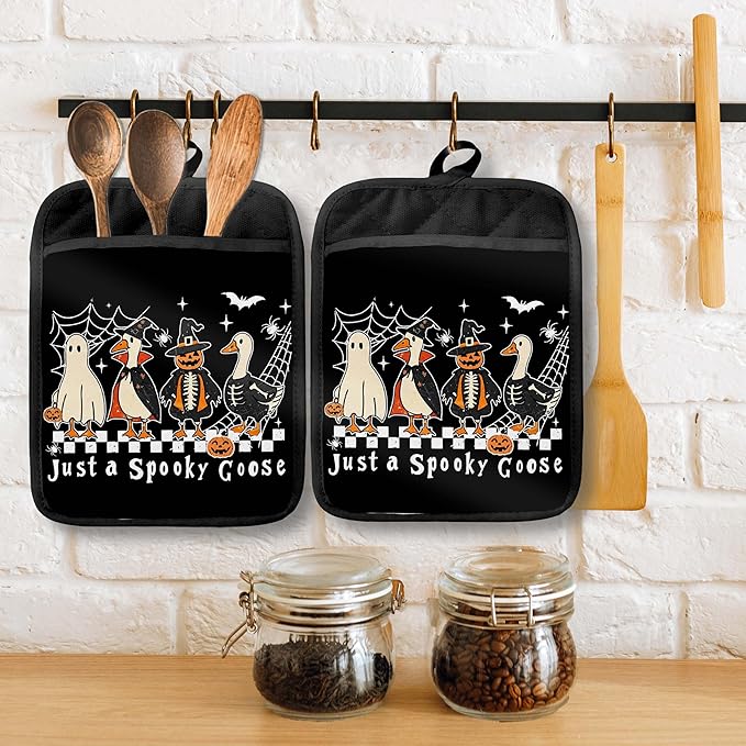Spooky Halloween Goose Pot Holders with Pockets, Trendy Funny Ghost Pumpkin Goose Halloween Oven Pot Holders Heat Resistant Oven Mitts Hot Pads for Kitchen Baking Cooking