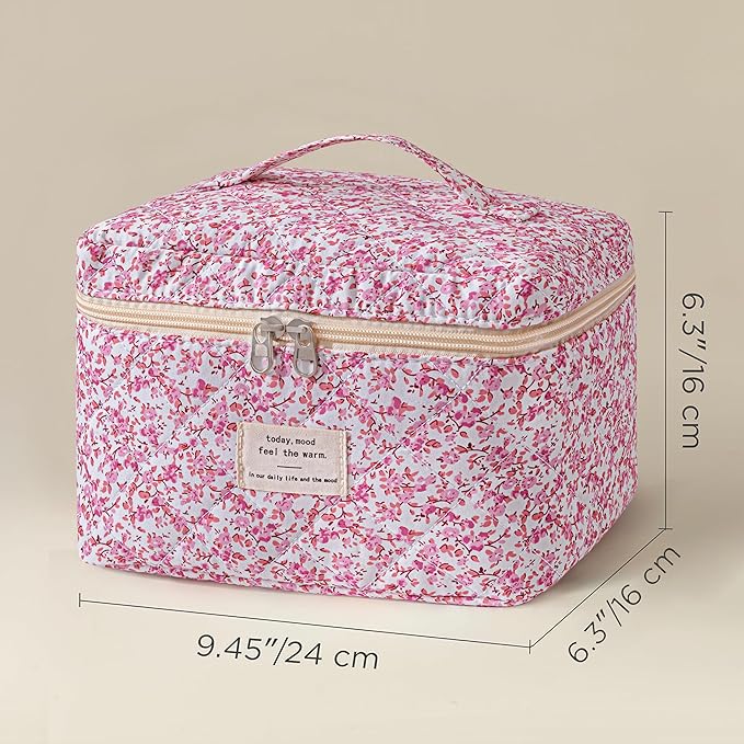 HBselect Christmas Gifts Large Quilted Makeup Bag, Cute Cotton Travel Makeup Bag with Handle, Portable Coquette Floral Make up Bags, Toiletry Organizer Make up Bags for Women Teen Girls Mom