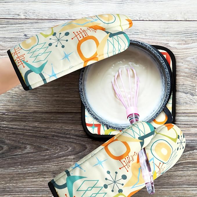 Mid Century Modern Oven Mitts and Pot Holders Sets Washable Oven Gloves Heat Resistant 4 Pcs Decorative Kitchen Hot Pads and Mitts for Baking Cooking Grilling
