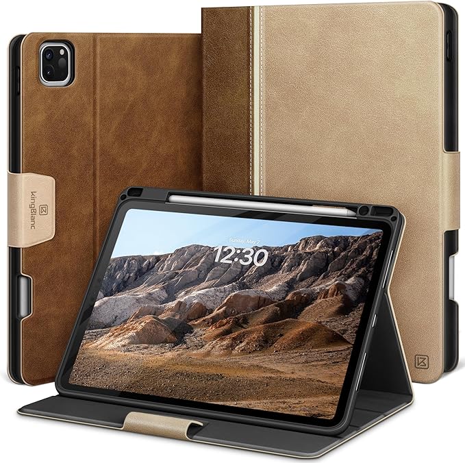 KingBlanc Case for iPad Pro 11-inch 4th/3rd/2nd Generation (2022/2021/2020) with Pencil Holder, Vegan Leather Bicolor Stand Cover, Auto Sleep Wake, Apple Pencil 2. Charging, Multi-Angle Viewing, Beige