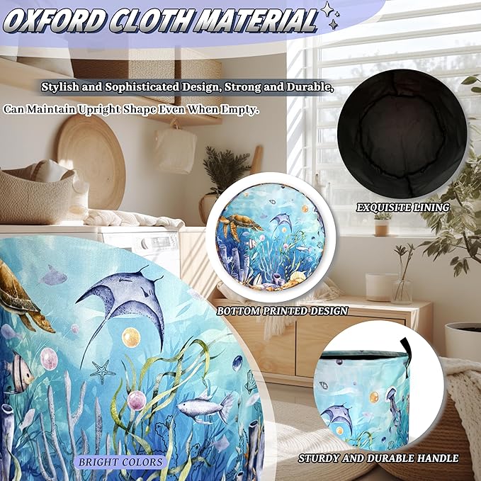 Sea Turtle Laundry Basket Oxford Cloth Ocean Animals Fish Coral Laundry Hamper With Handle Portable Clothes Storage Basket Foldable Turtles Laundry Bag 18.9"x16.5" For Laundry Room/Bedroom/Bathrooms