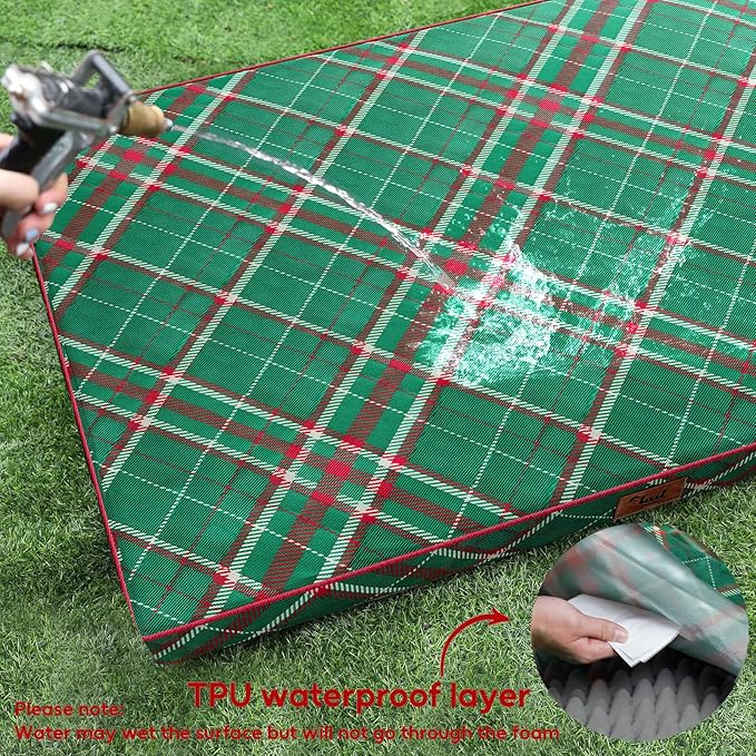 Tail Stories Outdoor Extra Large Dog Bed, Waterproof Dog Bed for Large Dogs, Egg Crate Foam XL Pet Bed with Removable Washable Oxford Cooling Cover, Christmas Plaid
