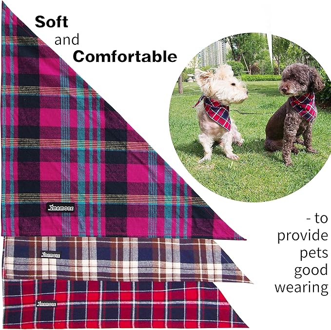 Adjustable Plaid Dog Bandanas,1PC Soft Washable Cotton Triangle Bib Kerchief Scarfs for Small Medium Large Dogs and Cats (Brown&Blue, Large)