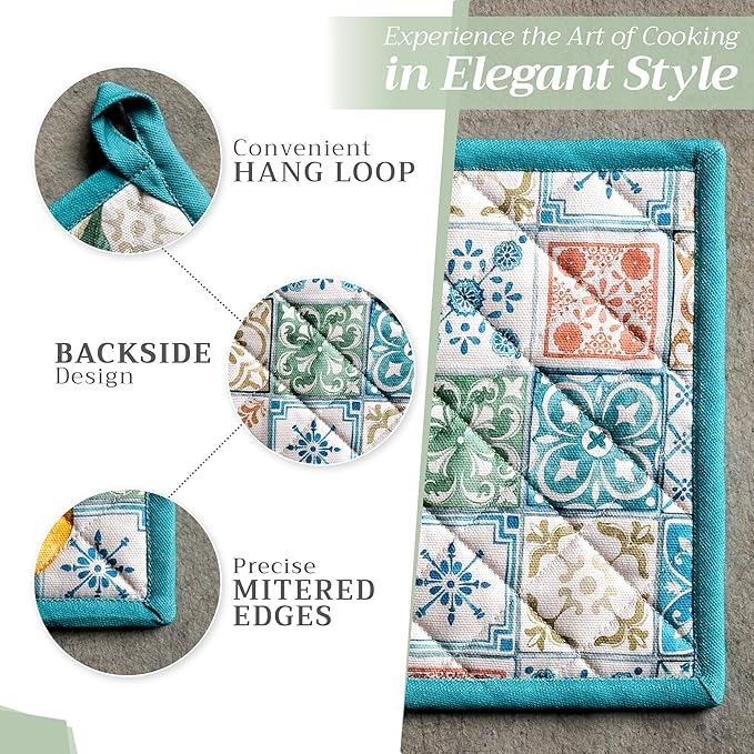 Maison d' Hermine Pot Holders 100% Cotton Heat Resistant Potholders 8" x 8" Hot Pads with Loop BBQ, Cooking, Baking, Grilling, Kitchen, Handling Hot Pans Spring/Summer (Pack of 1, Agrume)