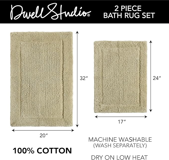 DwellStudio Reversible Cotton Bath Rugs: Luxurious Comfort and Anti-Slip Protection, Taupe, Non Slip Back