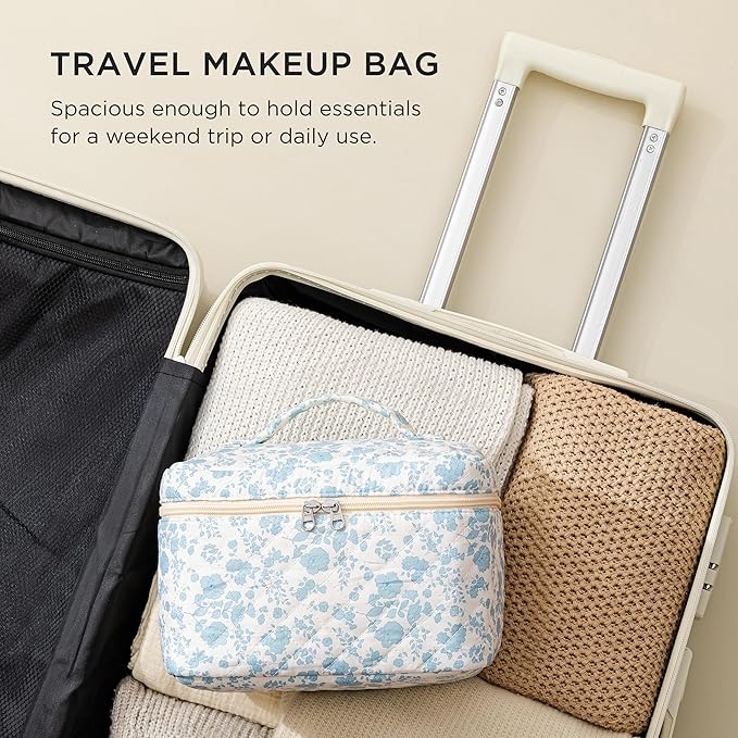 HBselect Christmas Gifts Large Quilted Makeup Bag, Cute Cotton Travel Makeup Bag with Handle, Portable Coquette Floral Make up Bags, Toiletry Organizer Make up Bags for Women Teen Girls Mom