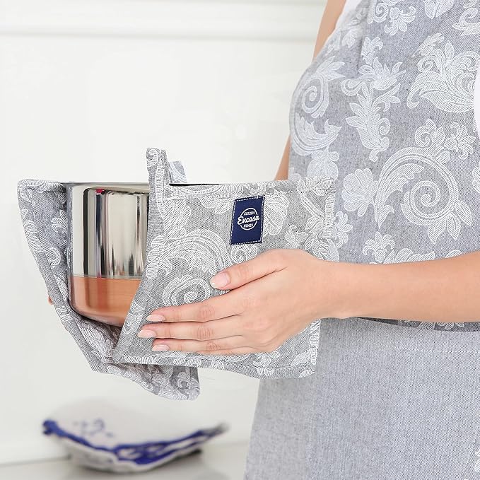 Pot Holders for Kitchen | Heat Resistant Pads | Set of 2 | Hot Dish Holder Sets | 8x8 in |for Cooking, Baking, Grilling, Microwave & BBQ, Chambray Grey by Encasa XO