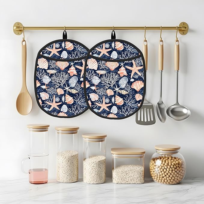 Pot Holders 2 Pack Silicone, Cotton Lining, Heat Resistant to 500°F (260°C), Non-Slip Grip, 7.5"x9.4" Oval Kitchen Hot Pads for Oven, Cooking (Seashells, Potholders)
