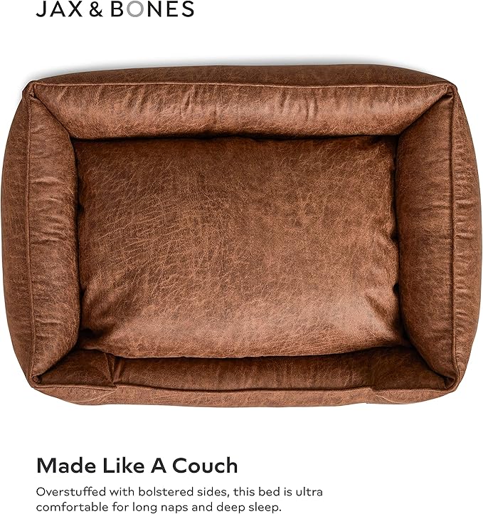 Jax & Bones Dog Bed Lounge - Machine Washable Bed for Dogs - Extra Heavy Duty Bolstered Sides - Vintage Faux Leather Dog Mat Beds | Small 24 x 18 Inches