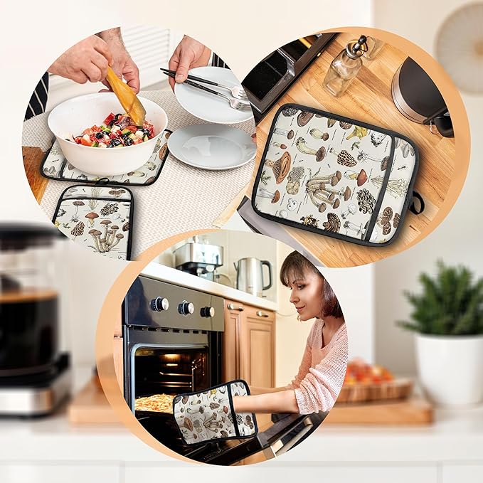 Mushroom Pot Holders with Pockets, Vintage Cottagecore Mushroom Oven Pot Holders Heat Resistant Oven Mitts Hot Pads for Kitchen Baking Cooking