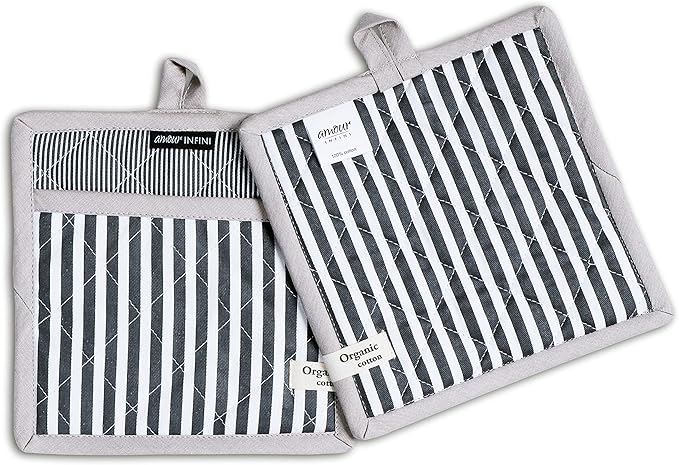 AMOUR INFINI Pot Holders Heat Resistant Cotton Set of 3 Nonslip 8"x8" Inch Hot Pads for Kitchen, BBQ, Baking & Cooking with Hanging Loops (Stripe Charcoal)