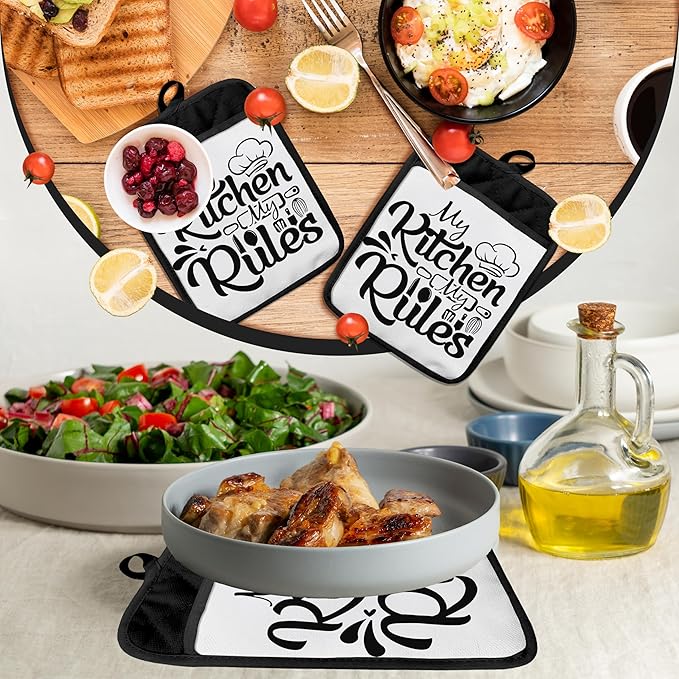 My Kitchen My Rules Funny Pot Holders with Pockets, Funny Chef Gifts Pot Holders Heat Resistant Oven Mitts Hot Pads for Kitchen Baking Cooking,Potholders for Kitchens