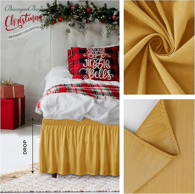 Biscaynebay Wrap Around Bed Skirts for King & Cal King Beds 15" Drop, Christmas Gold Adjustable Elastic Dust Ruffles Easy Fit Wrinkle & Fade Resistant Silky Luxurious Fabric Machine Washable