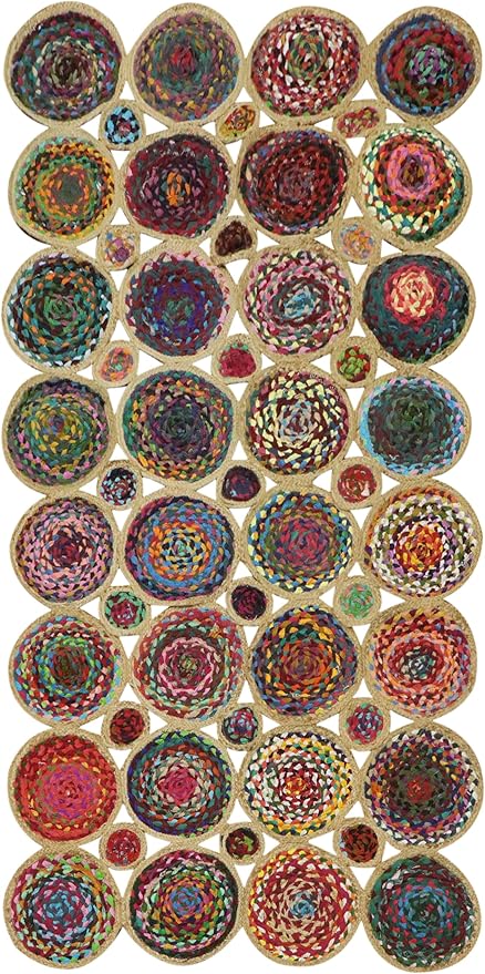 Scalloped Edge Rug, Hand Woven Natural Chindi Cotton and Jute Area Rug, 8x11 Ft Beige & Multicolor Braided Kilim Rugs for Living Room, Kitchen, Entryway, Farmhouse