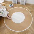 Handwoven 4ft Round Cotton Rope Rug with Tassel Trim – Washable Boho Braided Circle Rug for Bedside, Nursery, Entryway – Beige & White, Soft & Durable