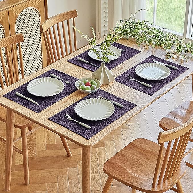 Softalker Faux Linen Placemats Set of 6-12 x 18 Inch, Heat Resistant Double Layered Durable Burlap Farmhouse Place Mats, Non-Slip Washable Rustic Table Mats for Dining, Kitchen, Party（Purple