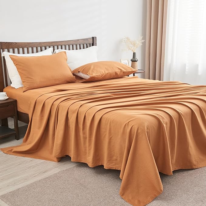 Simple&Opulence Belgian Linen Sheet Set Solid Color - 4 Pieces (1 Flat Sheet, 1 Fitted Sheet & 2 Pillowcases) Natural Flax Cotton Blend Soft Breathable Farmhouse Bedding - Full Size, Rust