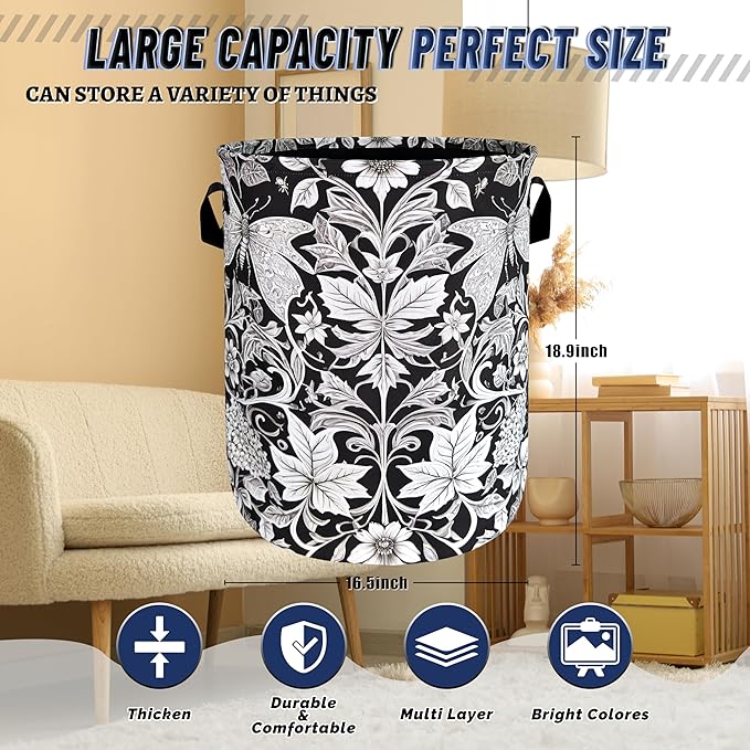 Black White Floral Butterfly Laundry Hamper Foldable Oxford Cloth Flowers Laundry Basket With Handle Portable Clothes Storage Basket Laundry Bag 18.9"x16.5" For Laundry Room/Bedroom/Bathrooms