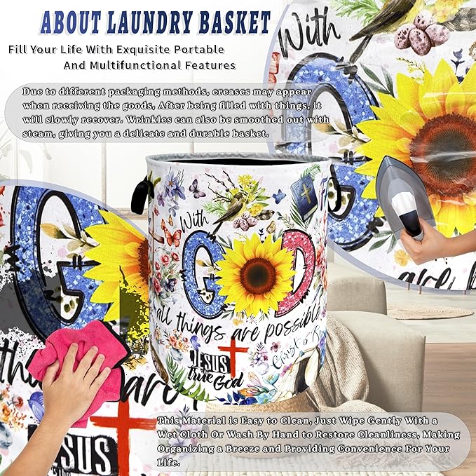 Christian Laundry Hamper Foldable Oxford Cloth Funny Jesus Faith God Laundry Basket With Handle Portable Clothes Storage Basket Religious Laundry Bag 18.9"x16.5" For Laundry Room/Bedroom/Bathrooms