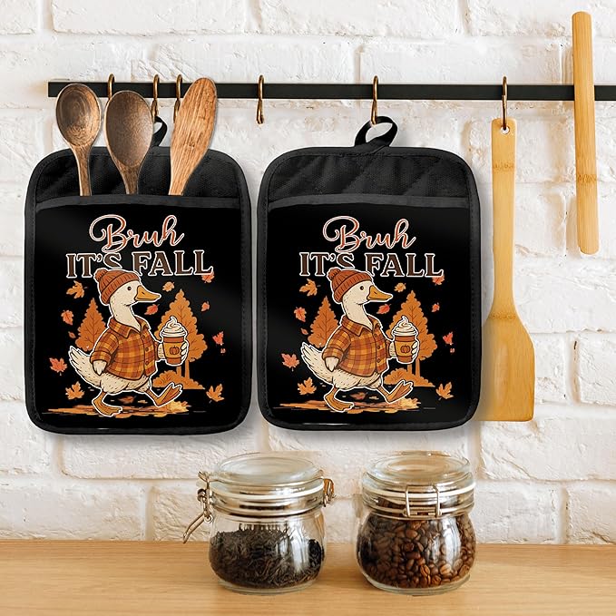 Funny Fall Goose Pot Holders with Pockets, Autumn Pumpkin Spice Coffee Cozy Goose Maple Leaf Oven Pot Holders Heat Resistant Oven Mitts Hot Pads for Kitchen Baking Cooking