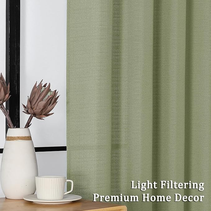 Lecloud Bessie Light Green Curtains 63 Inch Length 2 Panels, Light Filtering Curtains for Bedroom, Faux Linen Textured Window Drapes Rod Pocket, Window Treatments for Living Room, Each 40 W x 63 L
