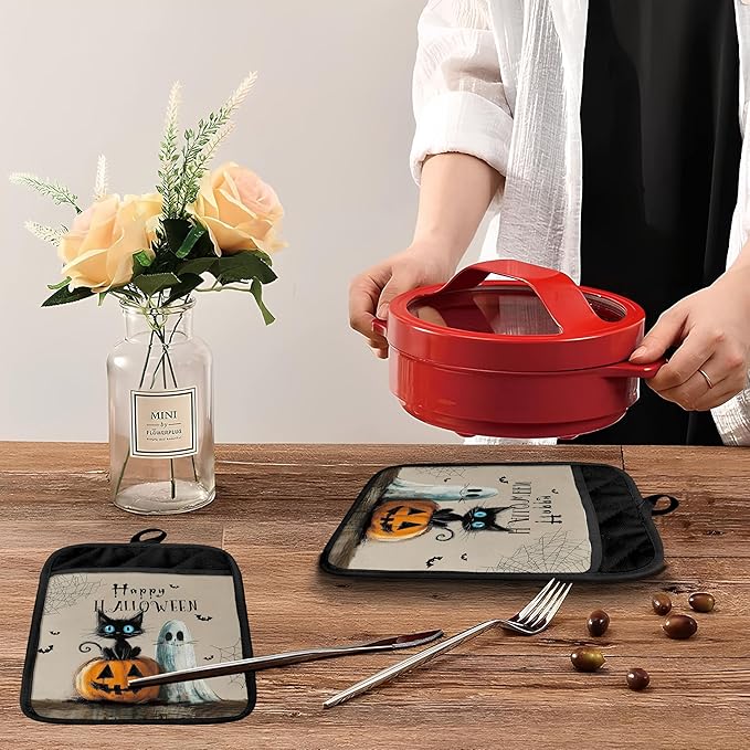 Halloween Black Cat Ghost Pot Holders with Pockets, Vintage Funny Black Cat Pumpkin Halloween Oven Pot Holders Heat Resistant Oven Mitts Hot Pads for Kitchen Baking Cooking
