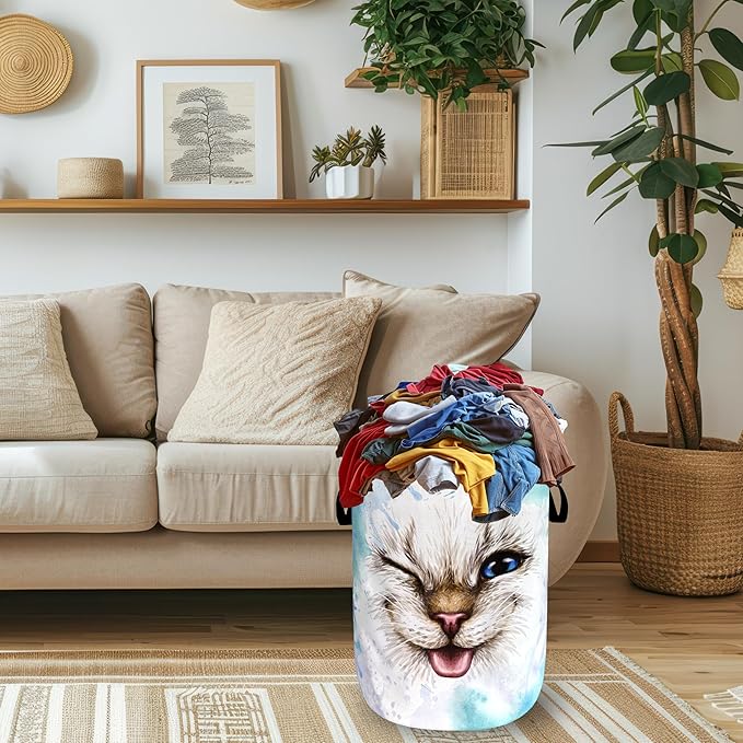 Cute Cat Laundry Hamper Foldable Oxford Cloth Funny Animal Cats Laundry Basket With Handle Portable Clothes Storage Basket Laundry Bag 18.9"x16.5" For Laundry Room/Bedroom/Bathrooms