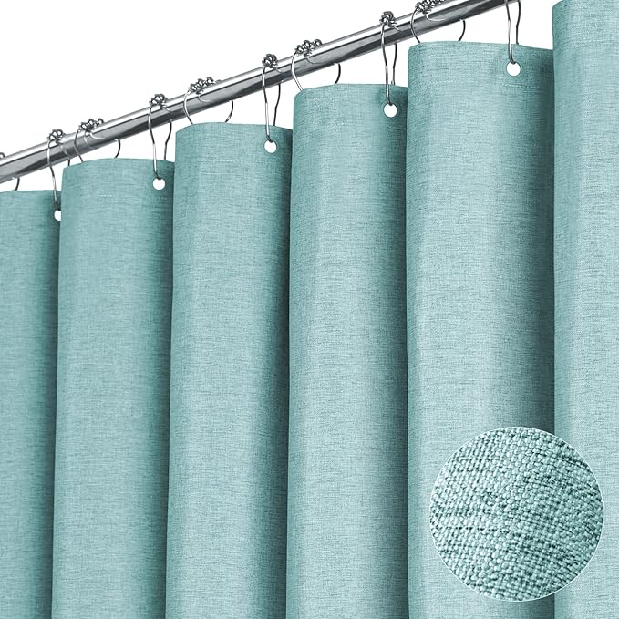 BTTN Teal Linen-Look Shower Curtain, Heavy Duty Waterproof Fabric Shower Curtain Set with 12 Plastic Hooks, Turquoise Simple Hotel Luxury Decorative Cloth Shower Curtain for Bathroom, 72x72 Inch