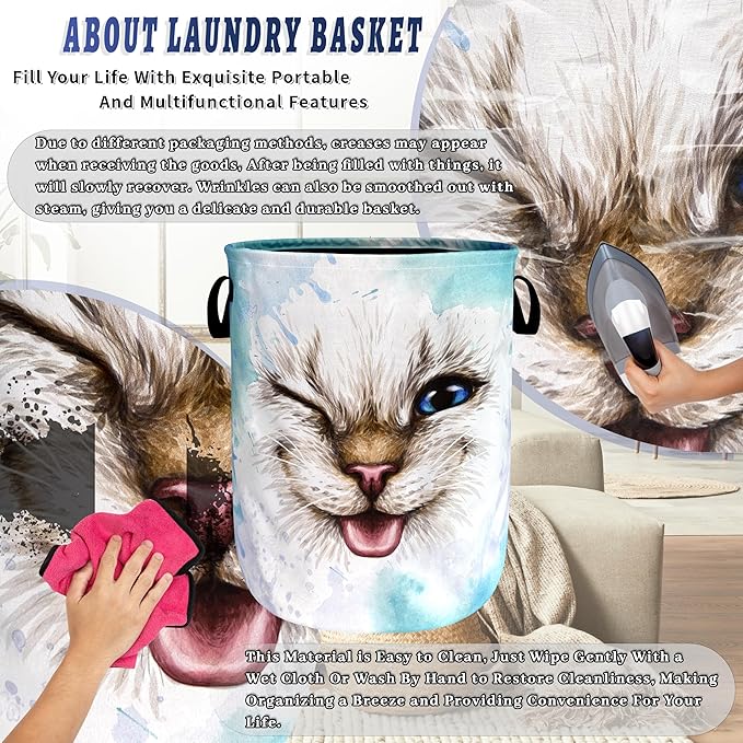 Cute Cat Laundry Hamper Foldable Oxford Cloth Funny Animal Cats Laundry Basket With Handle Portable Clothes Storage Basket Laundry Bag 18.9"x16.5" For Laundry Room/Bedroom/Bathrooms