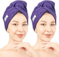 American Soft Linen 100% Cotton Hair Towel Cap and Wrap for Long Curly Anti Frizz Hair, Absorbent 2 Pack, Purple