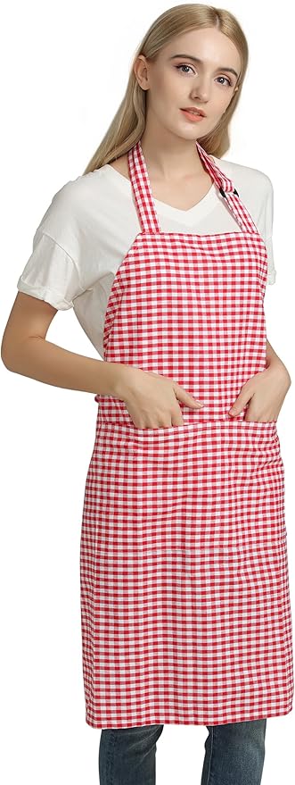 Vintage Gingham Kitchen Aprons Chef Bib Canvas Aprons Christmas Holiday Home Decorative 100% Pure Cotton Aprons in Large Size with Pockets Adjustable Neck Strap Long Ties Aprons(Red)