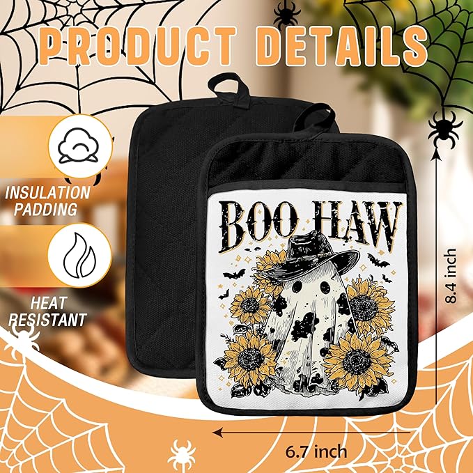 Vintage Western Halloween Pot Holders with Pockets, Rustic Sunflower Cowboy Ghost Halloween Oven Pot Holders Heat Resistant Oven Mitts Hot Pads for Kitchen Baking Cooking