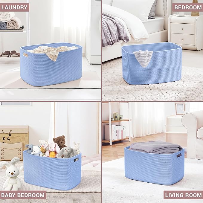 SunNewt 72L Large Baby Girls Laundry Basket for Nursery Storage,Cute Woven cotton Rope Baskets for Kids Toy，Gifts, Boho Square Wicker Blanket hamper for Living Room,Bedroom Dirty Clothes,Blue Purple