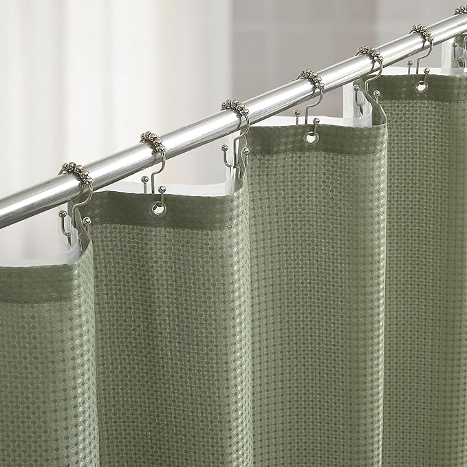 Lameirose 3 in 1 Shower Curtain Set, Waffle Shower Curtain and Liner Set with 12 Double Sided Shower Curtain Hooks, 72 x 84 Fabric Shower Curtains for Bathroom, Green