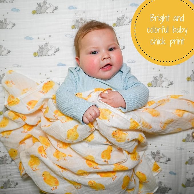LollyBanks Swaddle Blanket for Boys and Girls, 100% Cotton Muslin Swaddle Blankets for Newborns, Large 47 x 47 Inches Soft and Breathable Receiving Blankets, Baby Essentials, Registry (Chick Print)