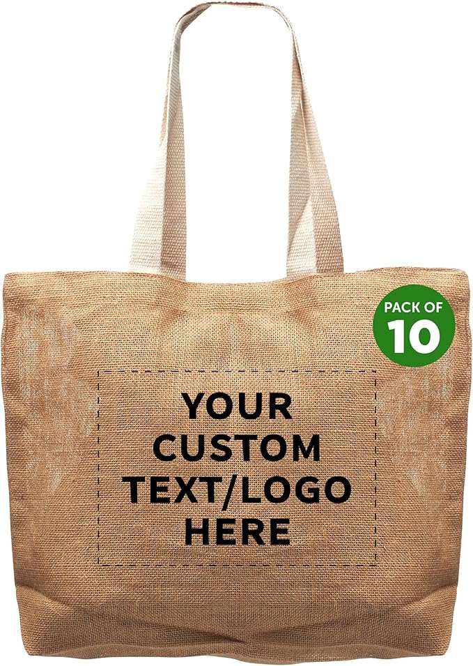 DISCOUNT PROMOS 10 Natural Jute Fiber Carry-On Tote Bags Set - Customizable Text, Logo - Convenient, Webbing Handle, Everyday Use - Natural