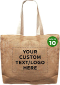 DISCOUNT PROMOS 10 Natural Jute Fiber Carry-On Tote Bags Set - Customizable Text, Logo - Convenient, Webbing Handle, Everyday Use - Natural