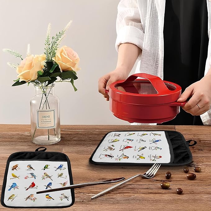 Birds on Branch Pot Holders with Pockets, Gifts for Bird Lovers, Bird Species Oven Pot Holders Heat Resistant Oven Mitts Hot Pads for Kitchen Baking Cooking, Set of 2