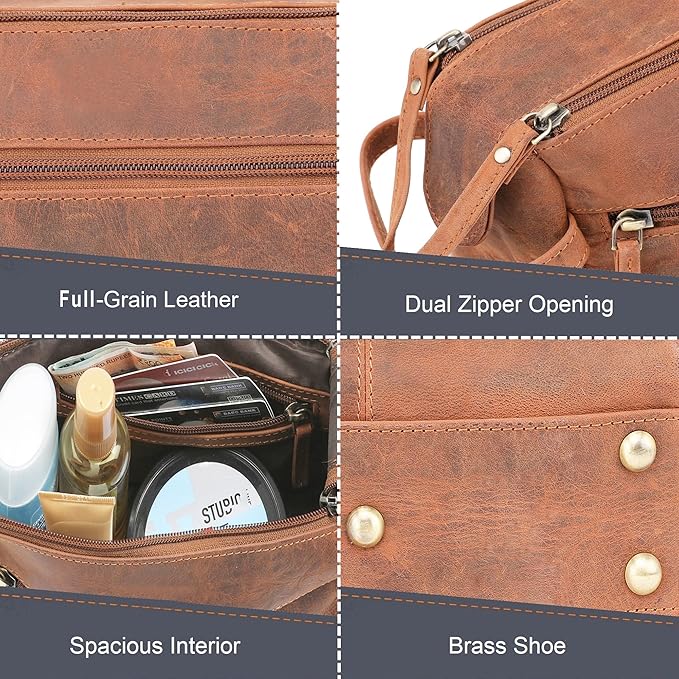 Rustic Town Leather Wash Bag for Men - Travel Toiletry Bag - Shaving Dopp Kit Toiletries Organizer - Leather Makeup Bag for Women