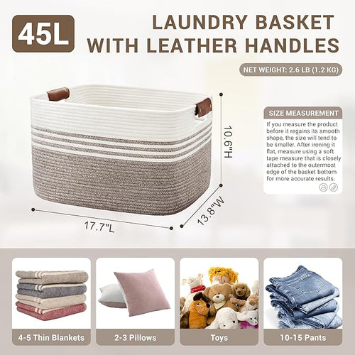 45L Small Laundry Basket with Leather Handles for Living Room Storage, Woven Rope Baskets Bin for Blanket, Kids Toy, Gifts, Wicker Hamper for Bedroom Dirty Clothes, 18"x14"x11" Dark Brown